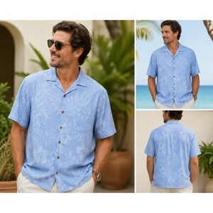 Island Shores Shirt Short‎ Sleeve Floral Tropical Washable Silk Camp Blue Medium
